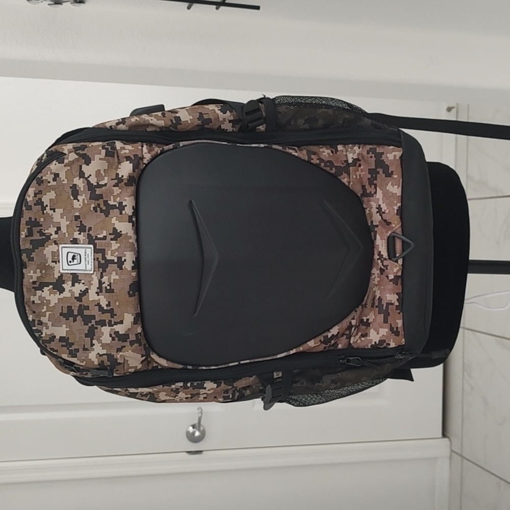 OIWAS Large Hardshell Front Camouflage Backpack Used Once Black Tan Brown Hard